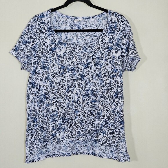 Artisan NY Top L Womens White Navy Floral SS Round Neck Office Casual Linen Boho - Picture 1 of 12